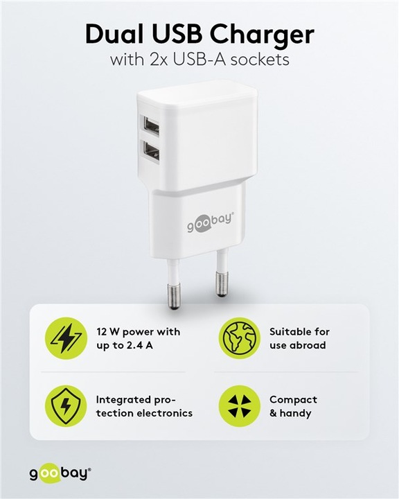 Immagine prodotto Goobay Caricabatterie doppio USB 2,4 A - Alimentatore USB con 2 uscite USB - bianco (12 W)