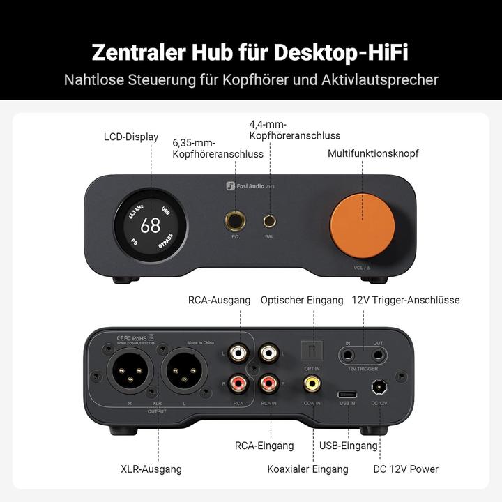 Produktbild Fosi Audio ZH3, DAC Kopfhörerverstärker und Vorverstärker (Display, Gain-Schalter, USB-DAC)