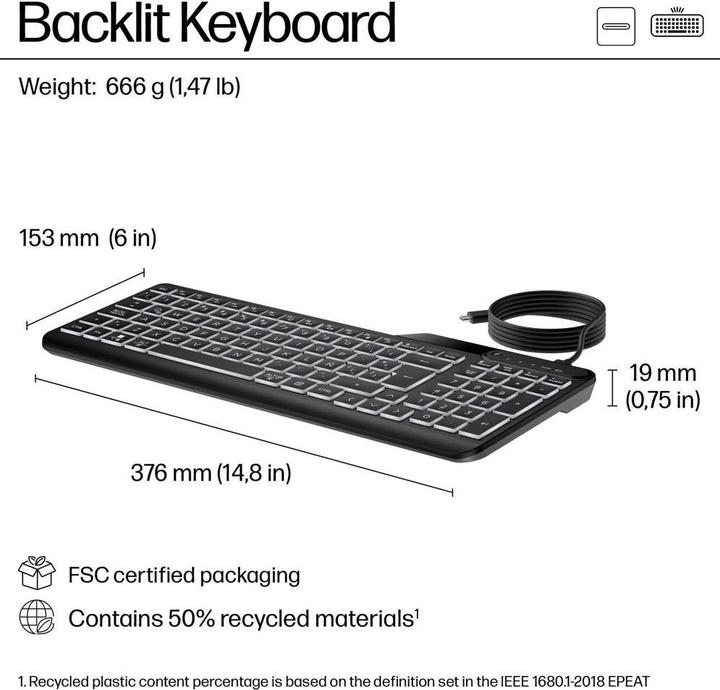 Produktbild HP 405 Multi-Device Backlit Wired Keyboard (Eng. Int., Kabelgebunden)