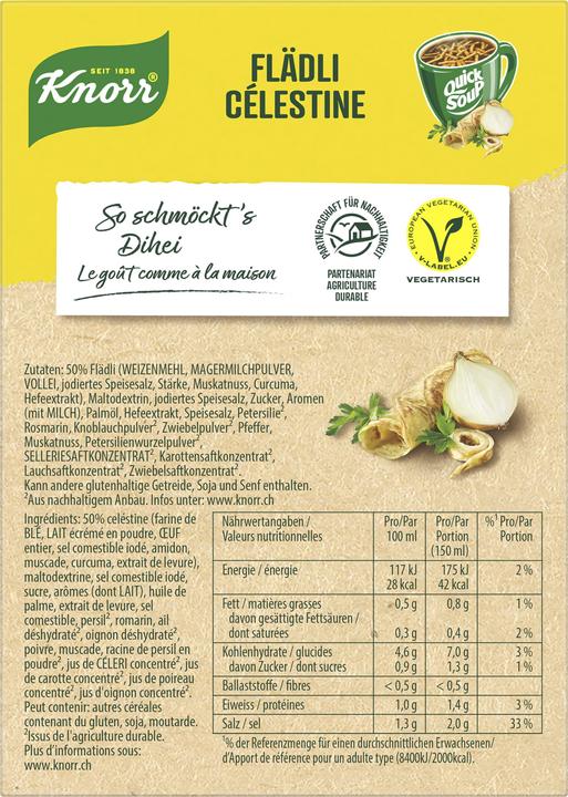 Nährwerte und Zutaten Knorr Quick Soup Flädli Packung, feinste Flädli mit Kräutern, Fladensuppe schnell & einfach zubereitet (450 ml)