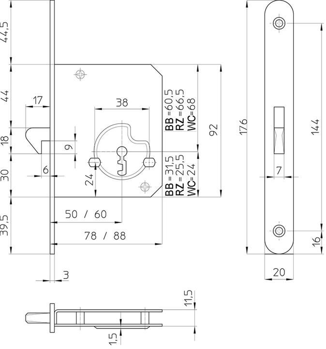 Image du produit Schänis Serrures à mortaiser pour portes coulissantes 1605 (Serrure à mortaise)