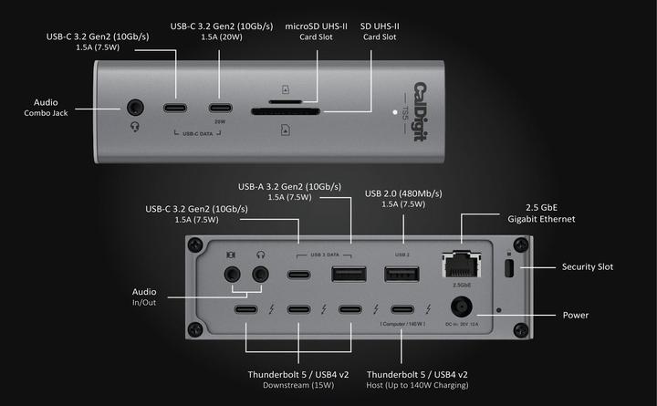 Produktbild CalDigit TS5 - Thunderbolt Station 5 with 1m Thunderbolt 5 Cable (Thunderbolt, 15 Ports)