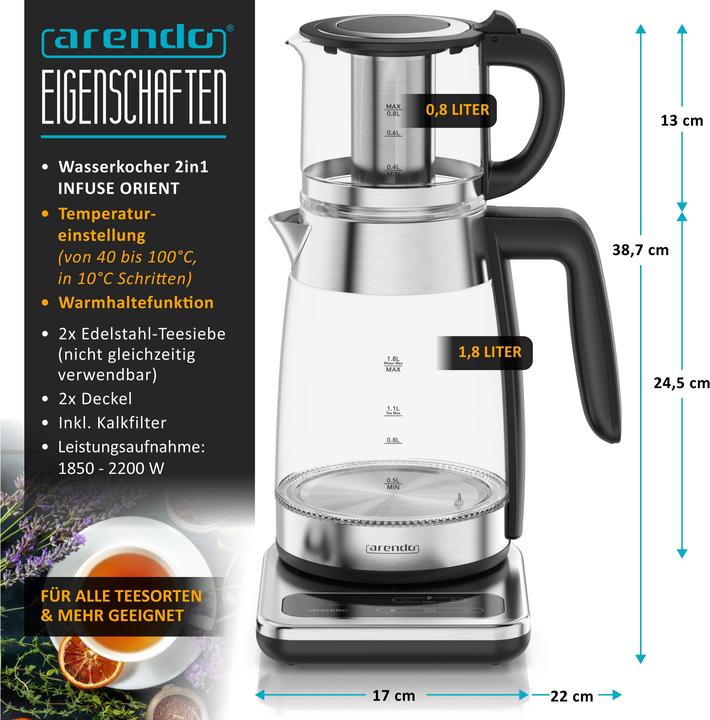 Produktbild Arendo Wasserkocher 2in1 Glas-Teebereiter & Samowar mit Temperatureinstellung 40°-100°C, 1,8 l, 2200W (1.80 l)
