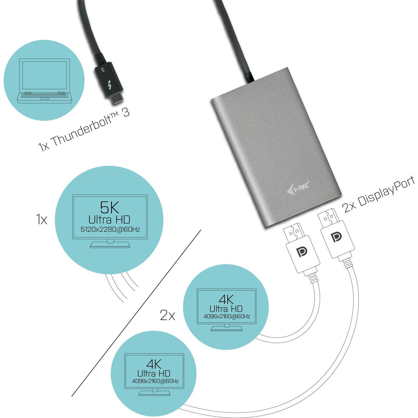 Thumbnail - i-tec Thunderbolt 3 zu (DP, 10 cm), Data + Video Adapter, Silber