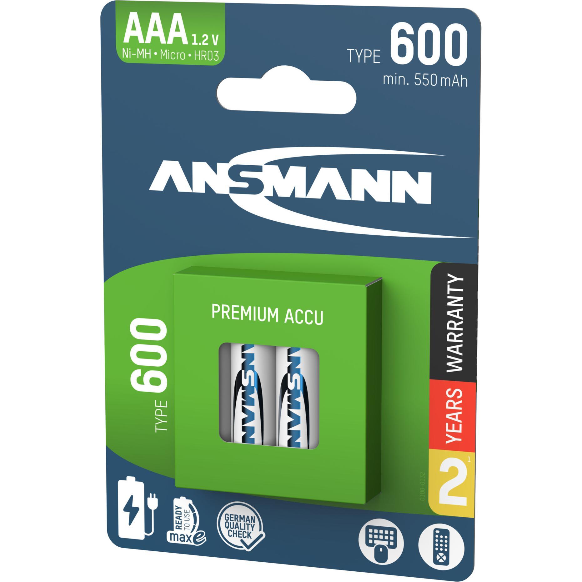 Ansmann Batteria ricaricabile NiMH Micro AAA tipo 600 (4 pz., AAA, 550 mAh), Batterie + pile