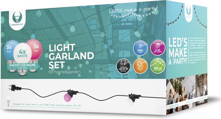 Produktbild Forever Light Lichtgirlande 12m + 10 Glühbirnen G45 weiss/rosa/blau 2W IP65 (12 m)