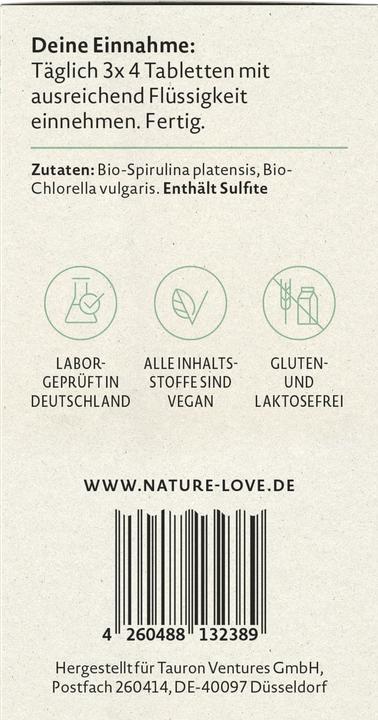 Nährwerte und Zutaten Nature Love Bio Spirulina & Chlorella (360 Stück, 180 g)