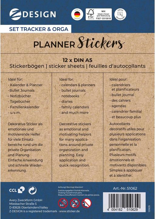 Produktbild Avery Zweckform ZDesign Planungs-Sticker "TRACKER & ORGA" Block in A5, genietet, mit Cover und Rückseite z