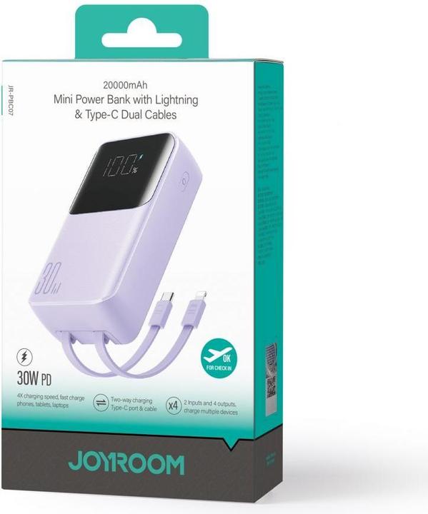 Productafbeelding Joyroom 30W 20000mAh mini Power Bank met ingebouwde kabels, Lightning & USB-C - Paars (20000 mAh, 30 W, 77 Wh)