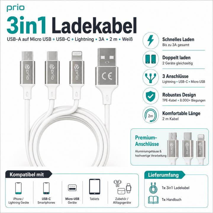 Produktbild prio 3in1 Micro USB & USB C & Lightning zu USB A Kabel 3A 2m weiss (2 m)