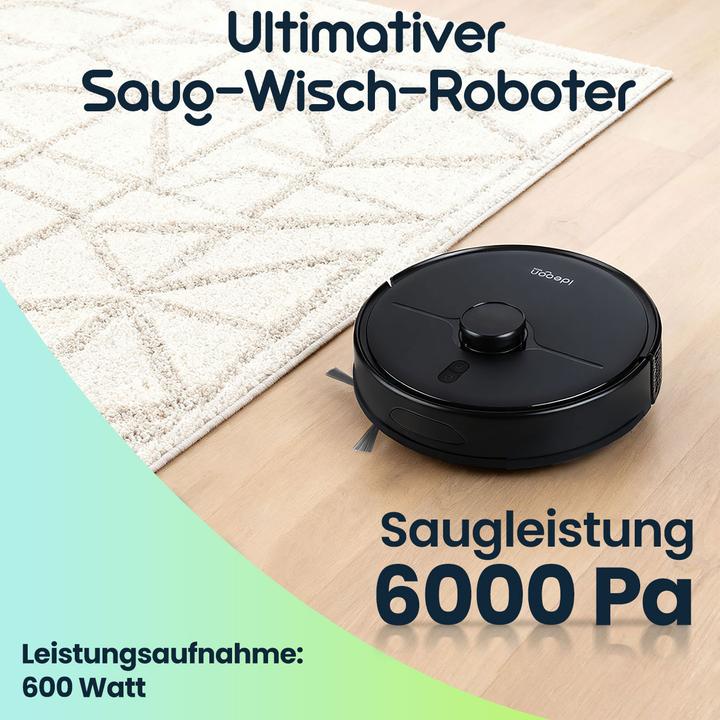 Produktbild Ideoon Saugroboter mit Wischfunktion, SmartLife, App-Steuerung, Laser-Navigation, schwarz (6000 Pa, Wischtuch)