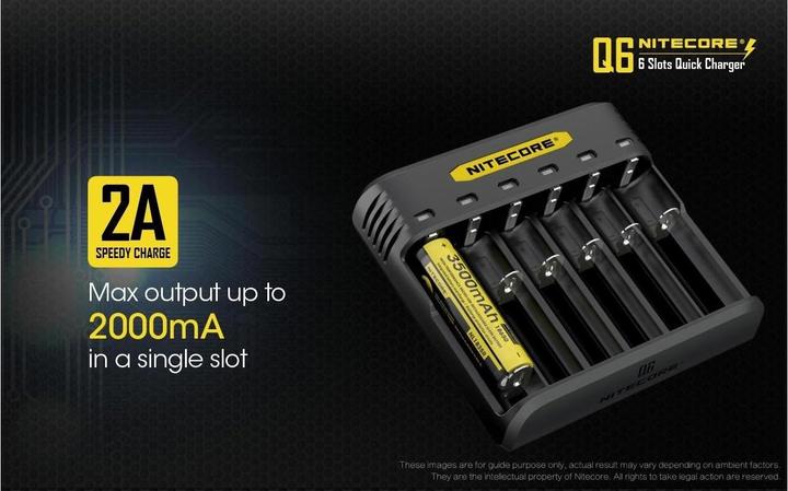 Productafbeelding Nitecore Q6 6-Schacht-Ladegerät (1 Pcs., 14500, 16340, 18650, 26650, Batterij)