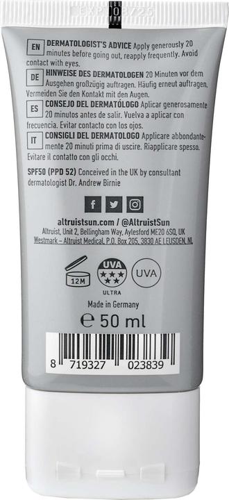 Actual product image Altruist Dermatologist Sunscreen Fluid SPF 50ml - White Unscented (Sun cream face, SPF 50, 50 ml)