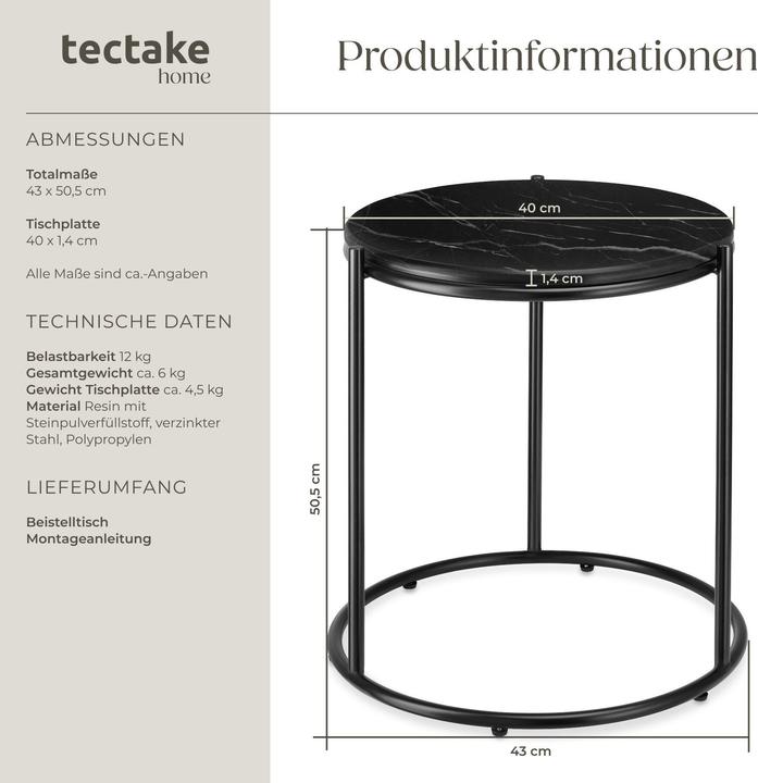 Image du produit tectake Table d'appoint Ellsa, plateau en marbre, structure en acier