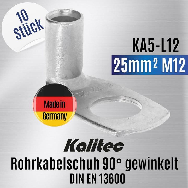 Actual product image Kalitec 10 pieces KA5-L12 Commercially available tubular cable lugs angled 25mm² M12 I without viewing hole