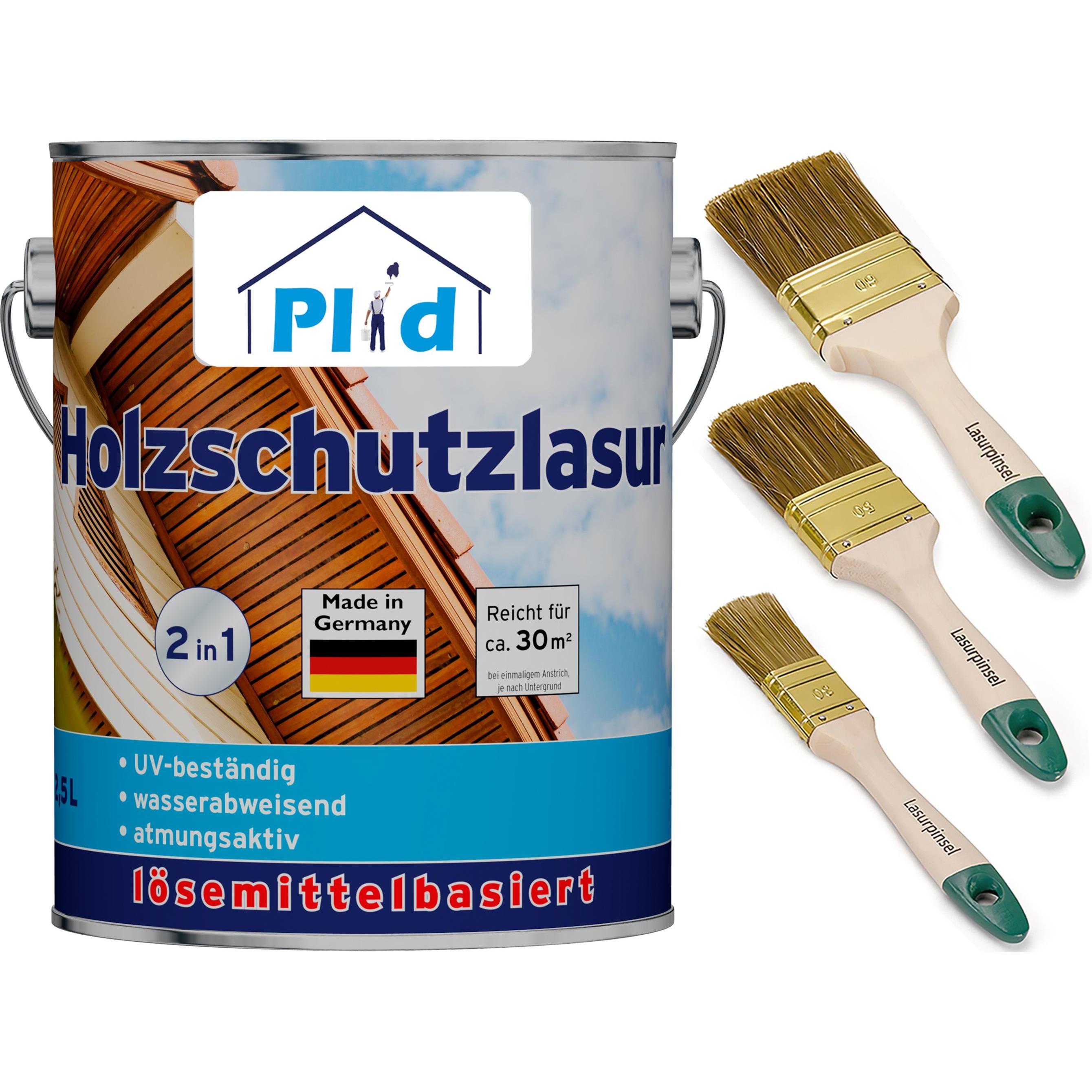 Plid, Holzschutz + Holzpflege, Holzlasur 2,5l für ca. 30m² + Lasurpinselset 3 tlg. /Holzschutzlasur (Palisander, 2.50 l)