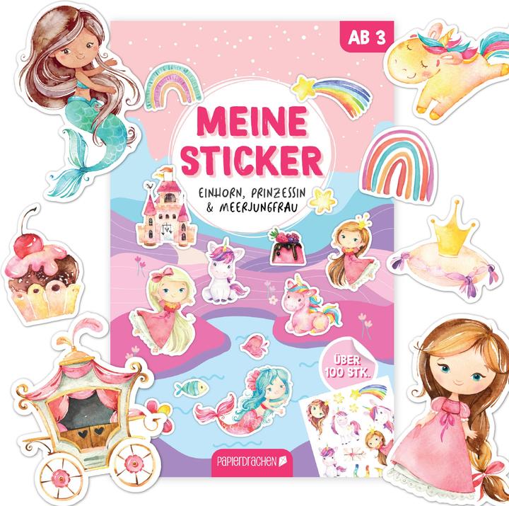 Produktbild Papierdrachen Stickerblock Einhorn, Prinzessin & Meerjungfrau (100 Sticker)