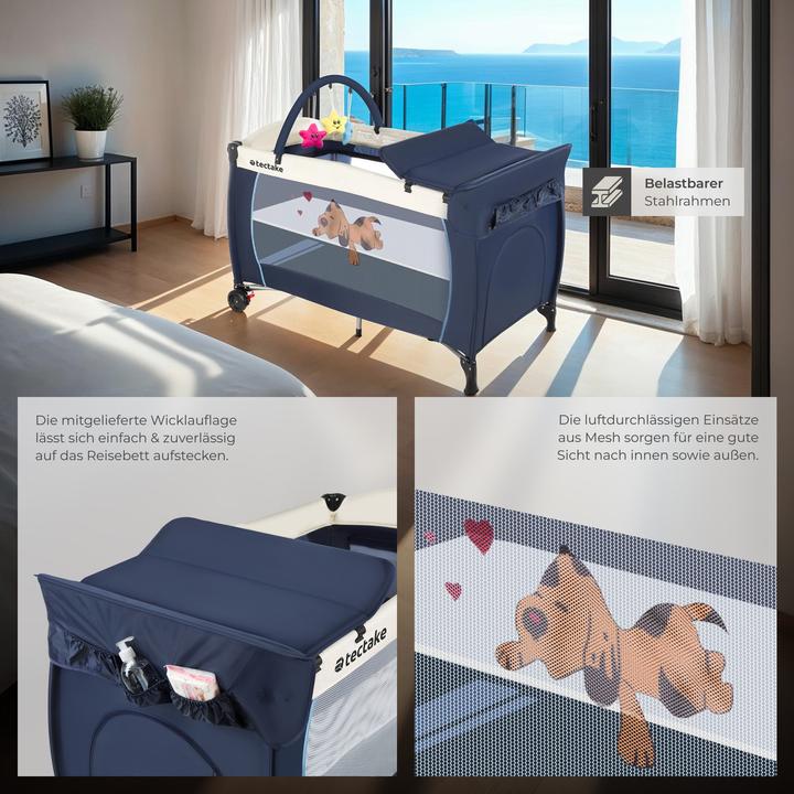 Produktbild tectake Kinderreisebett Hund mit Wickelauflage und Transporttasche (60 x 120 cm)