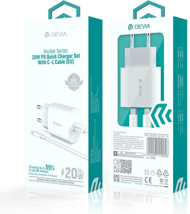 Actual product image Devia wall charger Rocket PD 20W 1x USB-C white + cable USB-C - Lightning (20 W, 1 portion)