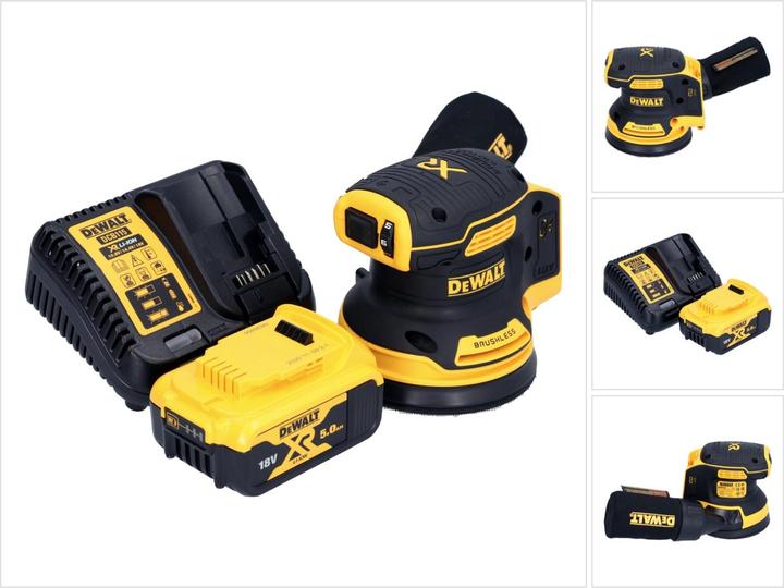 1x levigatrice rotorbitale a batteria DeWalt DCW 210, 1x batteria Dewalt DCB 184 18 Volt 5.0 Ah, 1x caricabatterie Dewalt DCB XR per batterie Li-Ion 10.8 - 18 V