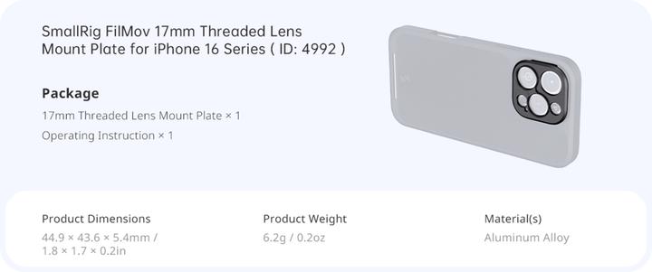 Image du produit SmallRig 4992 FilMov 17mm Threaded Lens Mount Plate for iPhone 16 Series Cases