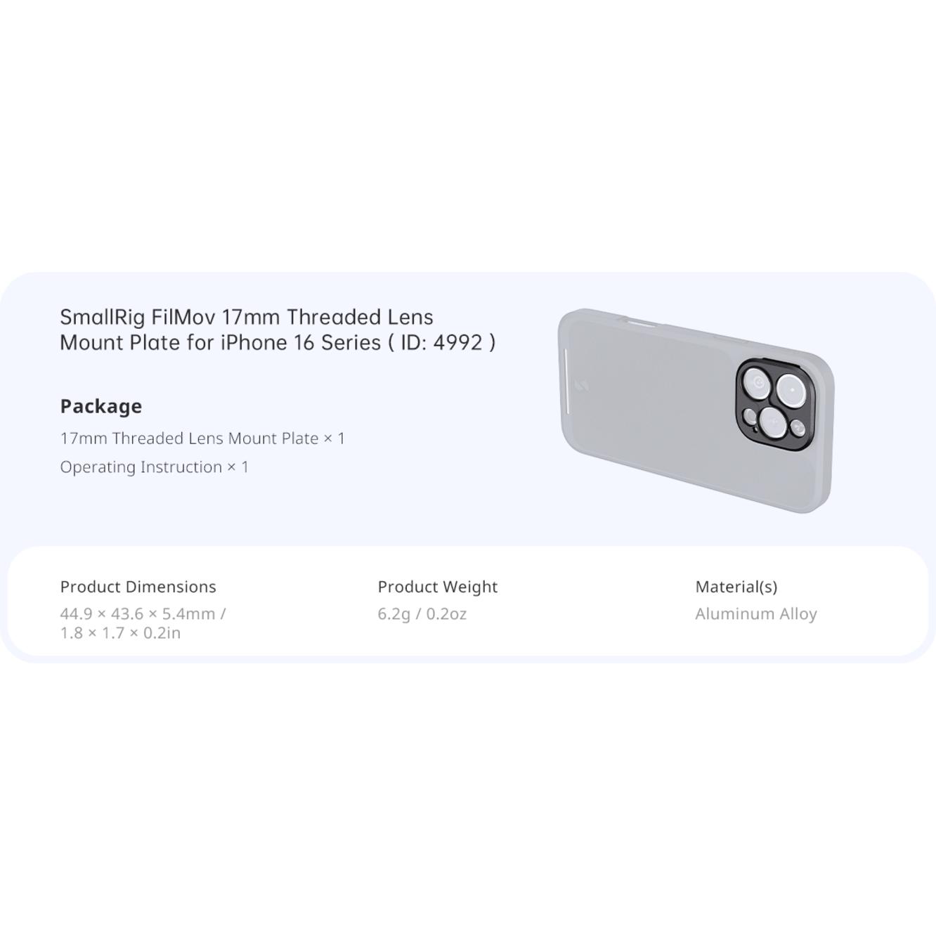Thumbnail - SmallRig 4992 FilMov 17mm Threaded Lens Mount Plate for iPhone 16 Series Cases, Video Zubehör, Schwarz