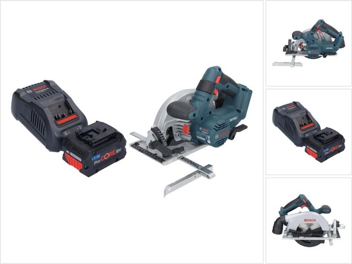 1x Bosch GKS 18V-57-2 Professional cordless portable circular saw, 1x circular saw blade, 1x rip fence, 1x Bosch GBA ProCORE 18 V 8.0 Ah Professional Li-Ion slide-in battery, 1x Bosch GAL 1880 CV quick charger