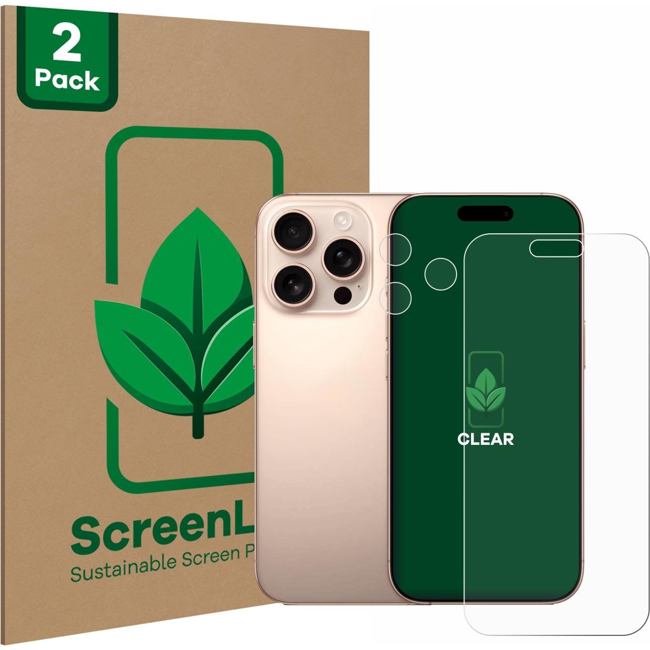 ScreenLeaf Schutzfolie nachhaltiger Displayschutz Displayschutzfolie Folie Klar Transparent (2 Stück, Apple iPhone 16 Pr...