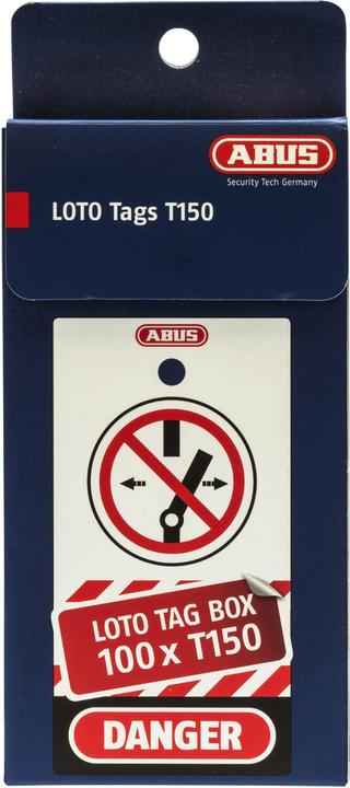 Actual product image Abus LOTO warning tag T100, large, in 150 piece dispenser, red.