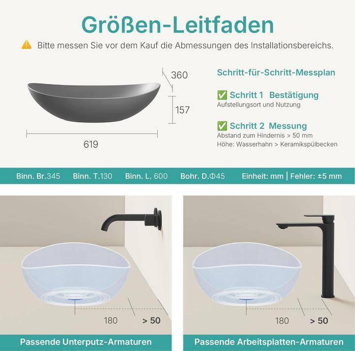 Produktbild Emke Aufsatzwaschbecken 615 x 360 x 155 mm, Oval, Keramik, Aufsatzmontage, Mattgrau (360 mm, 615 mm)