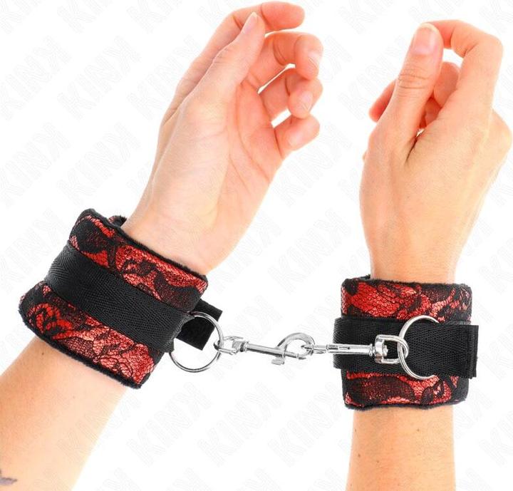 Actual product image Kink Short Wrist Cuffs Made Of Velvet Lace And Nylon Cuffs Red/Black 23 X 6.5 cm