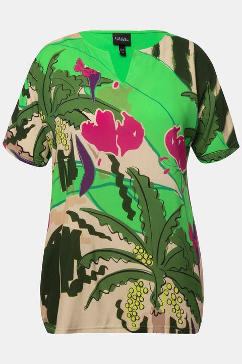 Actual product image Ulla Popken Tropical Leaf Print Split Neck tee (46)