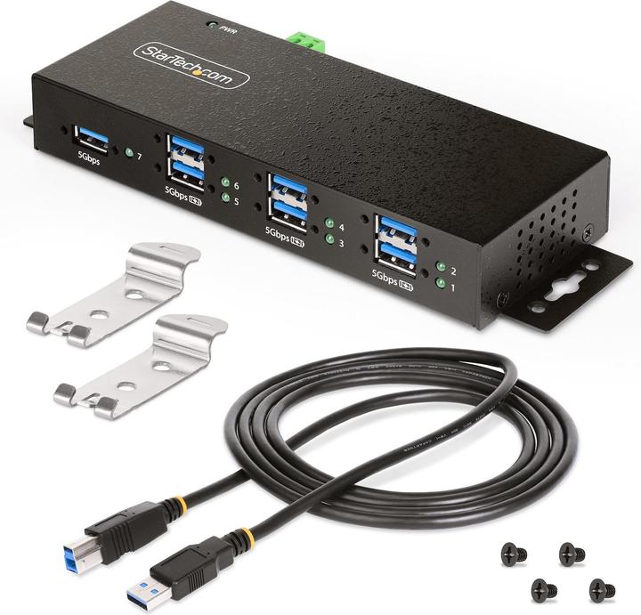 Actual product image StarTech COM 7-port USB 3.0 hub Managed industrial enclosure ESD/surge protection Wall/table/rail mounting (USB-B, 7 ports)