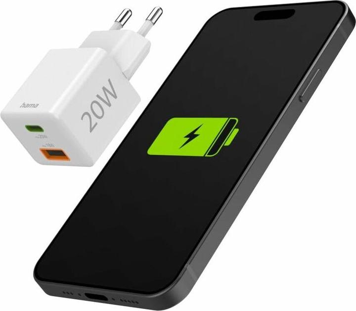Produktbild Hama Schnellladegerät, 1*USB-C PD, 1*USB-A QC, Mini-Ladegerät, 20W, Weiss (20 W, 2 Ports)