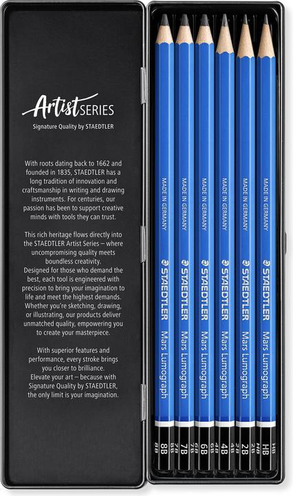 Actual product image Staedtler Pencil Mars® Lumograph® 100 Lead thickness: 2 mm Designation of hardness: 8B, 7B, 6B, 4B, 2 (2 mm, 2B, 4B, 6B, 7B, 8B, HB, 6x)