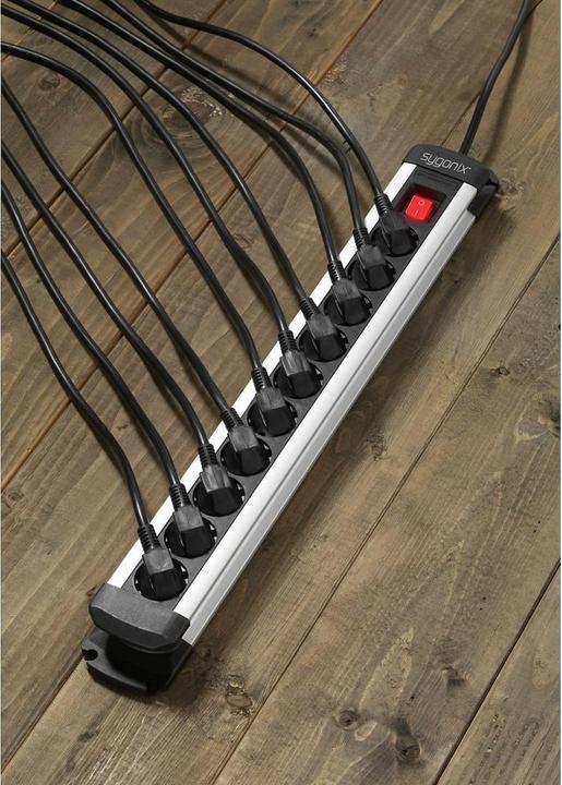 Actual product image Sygonix SY-4538266 Multiple socket outlet with switch 10-way black, silver earthing contact 1 pc. (10 x, CEE 7/3, 1.40 m)