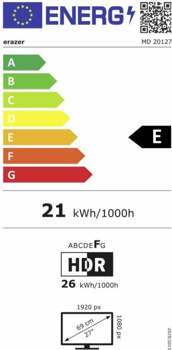 Label énergétique Erazer Spectator P10 MD 20127 gaming monitor 165 Hz, HDMI, DisplayPort (1920 x 1080 pixels, 27")