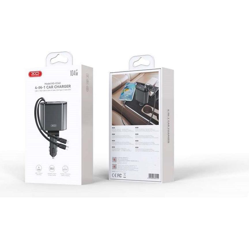 Thumbnail - xO Kfz-Ladegerät CC62 104W 1x USB 1x USB-C grau mit Kabel USB-C und Kabel Lightning, Auto Adapter, Grau