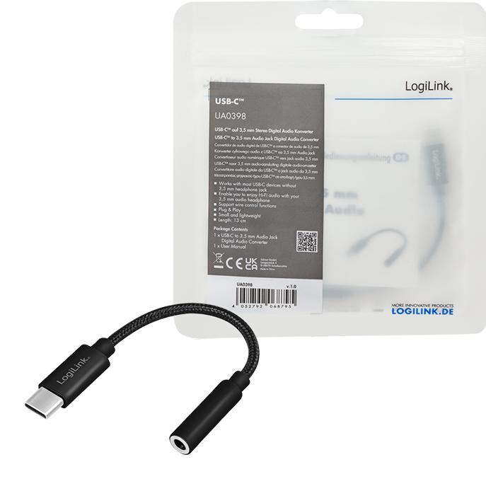 Actual product image LogiLink Cable USB-C to 3.5mm 0.13m Black (USB Type C, 3.5mm jack)
