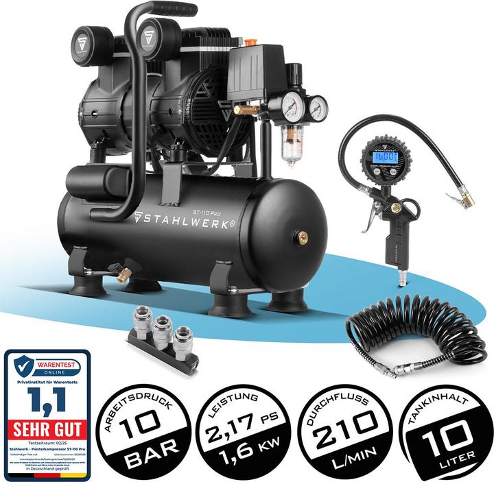1 x Digitale Druckluft-Reifenfüllpistole DRD-16 ST + 2 x AAA-Batterien, 1 x 3-fach Druckluft-Verteiler, 1 x DS-05 ST Professioneller PU-Druckluftschlauch, 1 x Kompressor ST-110 Pro