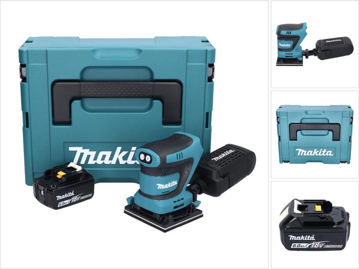1x Makita DBO 480 Akku Schwingschleifer, 1x Staubbox, 1x Makita BL 1860 B 18 V 6,0 Ah Akku ( 197422-4 ), 1x Makpac, 1x Universaleinlage