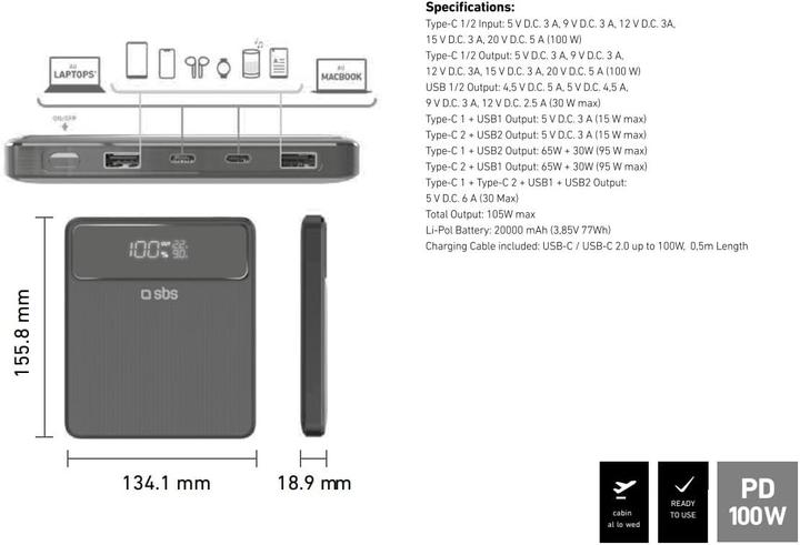 Immagine prodotto SBS Powerbank Laptop Slim (20000 mAh, 100 W, 74 Wh)