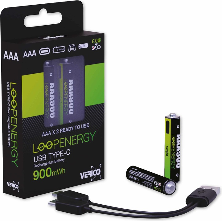 Actual product image Verico LoopEnergy Li-Ion battery AAA900, USB-C, 2-pack retail (2 pcs., AAA, 600 mAh)