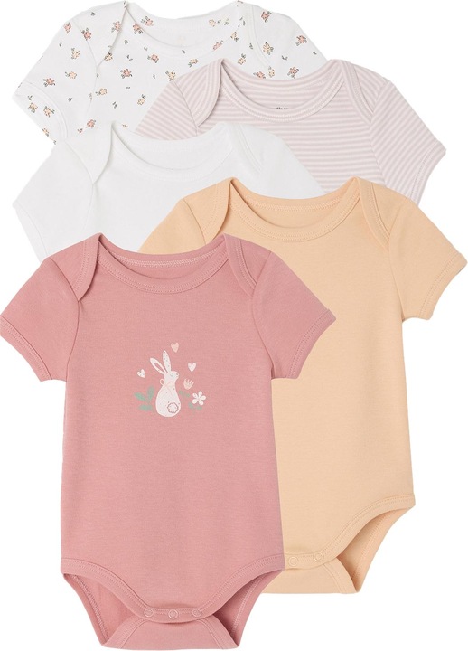 Vertbaudet Bio-Kollektion: 5er-Pack Baby Bodys mit kurzen Ärmeln, Hase & Blumen