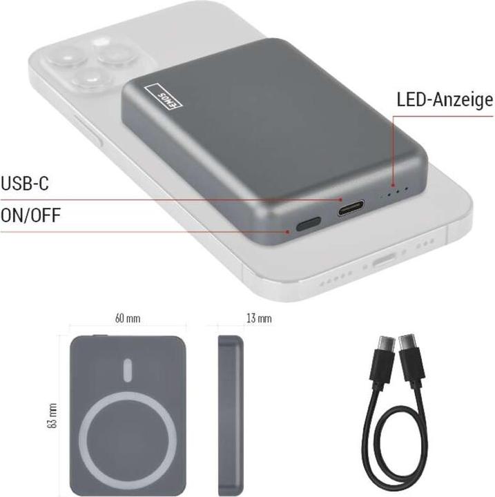 Actual product image Emos Powerbank WI 522, 5 000 mAh, 20 W+Wireless, grey (5000 mAh, 20 W, 19.25 Wh)