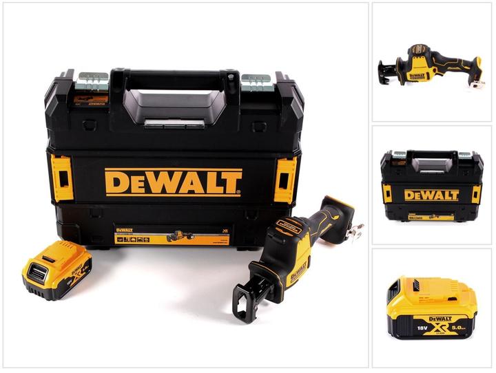 1x DeWalt DCS369 cordless reciprocating saw, 1x TSTAK case, 1x DeWalt 5.0Ah battery