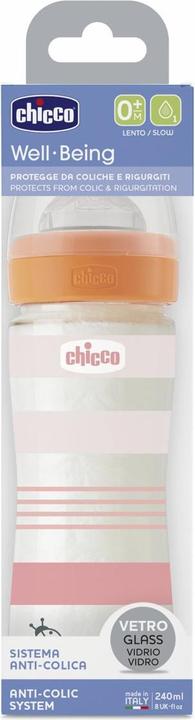 Actual product image Chicco Baby bottle, glass, 0% BPA, 240 ml, physiological teat silicone, 1 hole, slow flow - YELL (240 ml)
