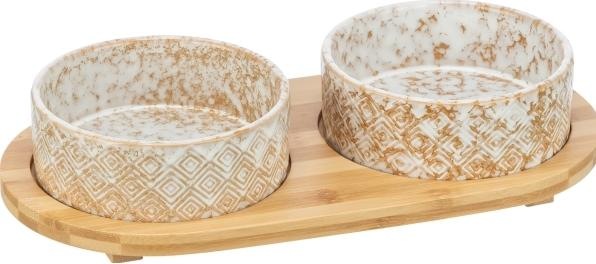 Actual product image Trixie Set Voerbak / Waterbak Keramiek / Bamboe Wit / Natuur - 2X300 Ml 30X6X15 Cm (0.30 l)