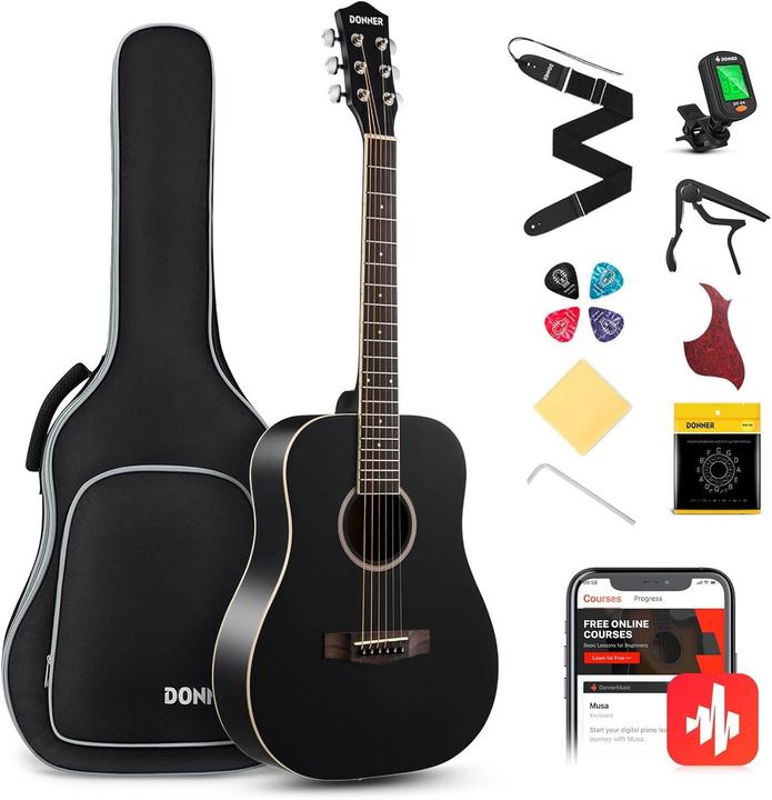 Actual product image Donner Beginner Acoustic Guitar Bundle with Gigbag, Tuner, Capo, Strap, Strings, and Picks (Acoustic guitar set, Sides: Mahogany, Top: Spruce)