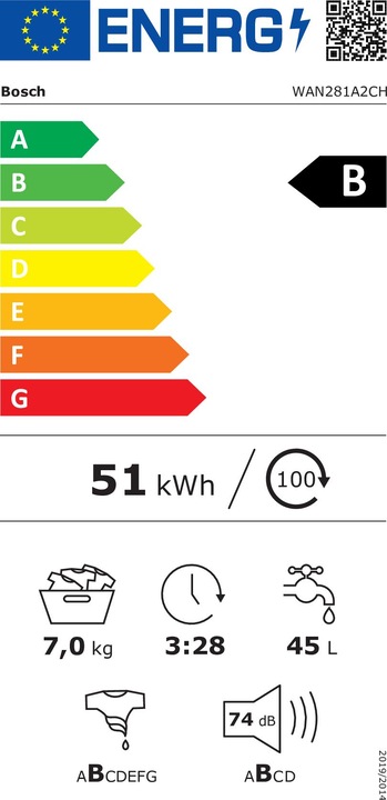 Energie-Label Bosch Hausgeräte WAN281A2CH (7 kg, Links, CH-Stecker)